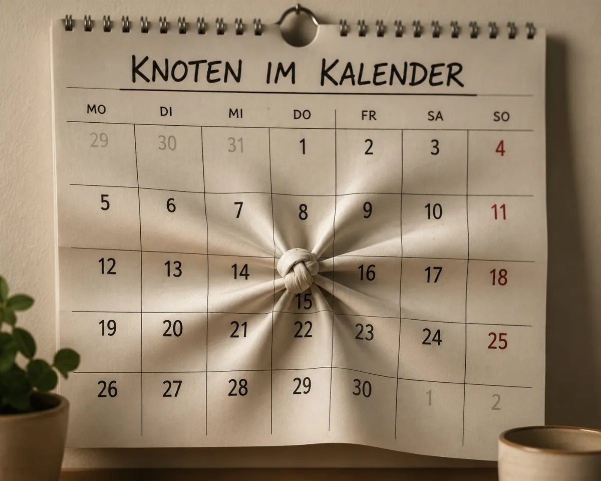 mit KI erstelltes Bild von einem Kalender mit einem dicken Knoten im Kalenderblatt