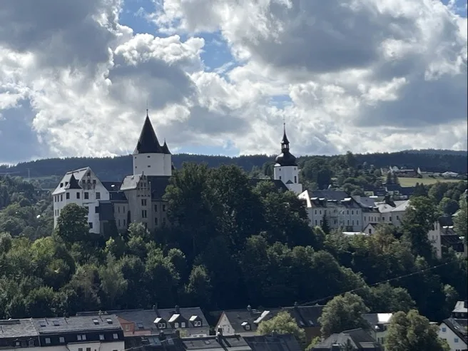 Auf einem bewaldeten Hügel stehen mehrere historische Gebäude mit markanten Türmen, darunter ein turmförmiger Bau mit spitzem Dach und ein Glockenturm mit zwiebelförmiger Kuppel. Im Vordergrund Dächer von Wohnhäusern, im Himmel große, teils sonnendurchflutete Wolkenfelder.