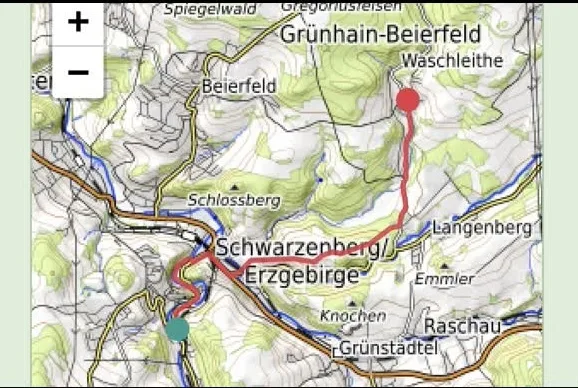 Bildschirmfoto eines Kartenausschnitts mit der Route der Radtuor von Schwarzenberg nach Waschleithe