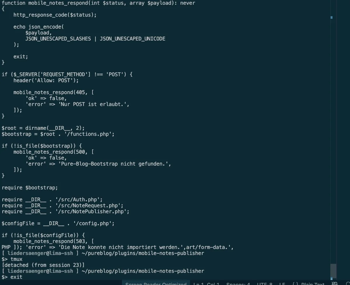 Bildschirmfoto von Computer-Terminal mit php-Code und Terminal-Befehlen