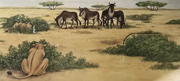 Eine Löwin duckt sich im Angesicht einer Gnu-Herde hinter einen Busch
